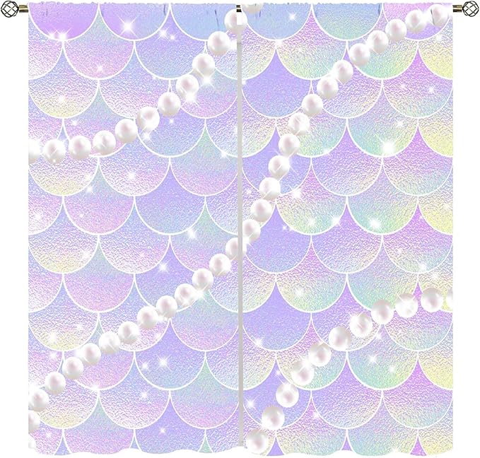 Mermaid Curtains, Gradient Color Pink Purple Pearl Ocean Theme Mermaid Fish Scale Print Decoration Suitable for Children Girls Bedroom Nursery Curtains 72x63 Inch