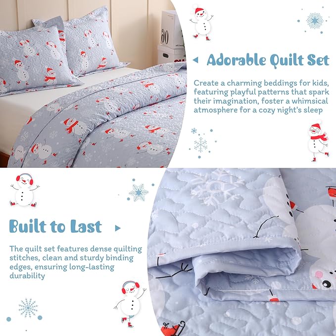 JSD Blue Snowman Christmas Kids Quilt Set Full/Queen, 3 Pcs Christmas Beddings Soft Microfiber Bedspread Coverlet Holiday Quilted Blanket