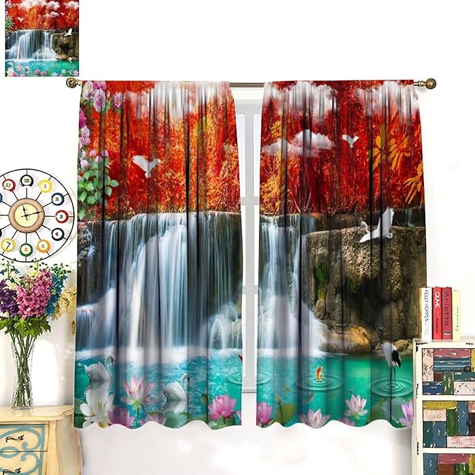 Nature Blackout Curtains, Waterfall Landscape Forest River Crane Fish Floral Pattern Rod Pocket Window Drapes, for Bedroom Living Room 52" W X 84" L