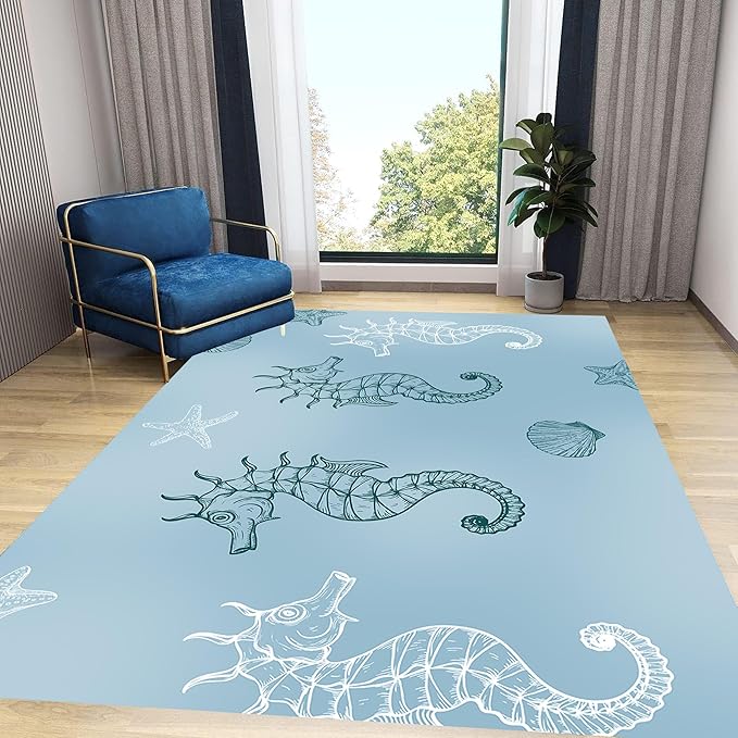 Seahorse Starfish Area Rugs, 3x4ft, Coastal Marine Animal Shell Nautical Rug for Bedroom, Pet Friendly Absorbent Carpet, Floor Decor Dirty Resistant Durable Mat for Bath Room Girls Boys