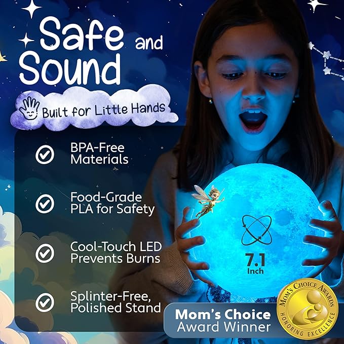 Mind-Glowing Moon Lamp - 3D Moon Night Light for Kids Bedroom - Globe Nightlight with Multi Color LED, Touch/Remote Control - Birthday Gift for Any Year Old Girls & Boys - Space Decor (7.1 inch)