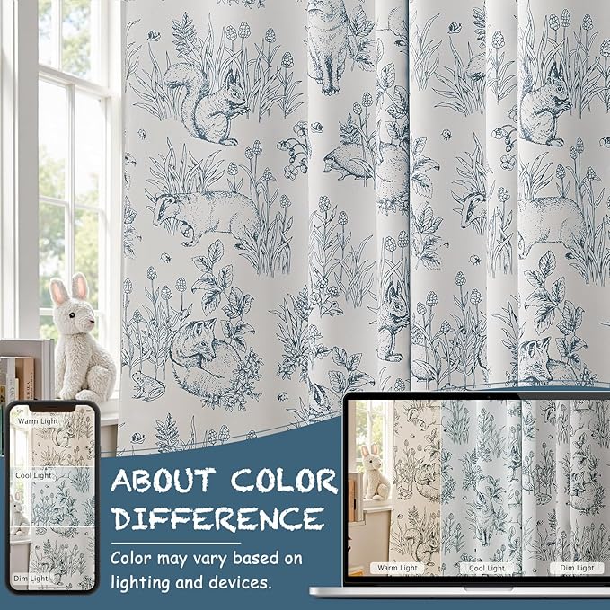 jinchan 95% Blackout Nursery Curtains 84 Inches Long, Bunny Woodland Toile Curtains Blue on Beige Animal Printed Drapes for Bedroom Rod Pocket Thermal Insulated Farmhouse Window Treatment 2 Panels