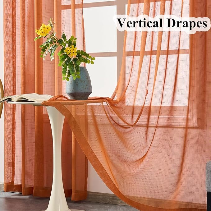 Burnt Orange Curtains Sheer 102 Inch Long, Rustic Linen Look Textured Light Filtering Drapes, Western Boho Transparent Window Decor, Floor to Ceiling Pinch Pleat Curtain with Hooks