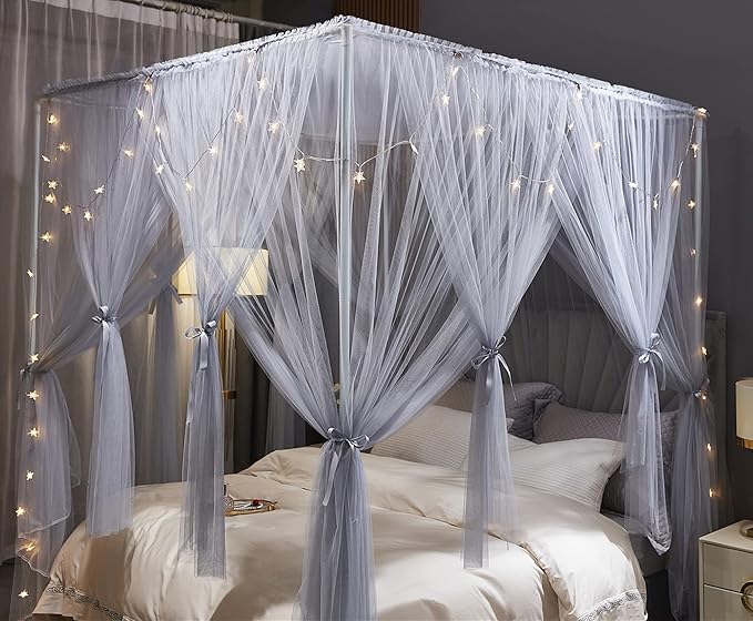 VETHIN 4 Corners Post Princess Bed Canopy Curtain Double Layer Cozy Drape Netting 4 Opening Mosquito Net for Girls & Adults Bedroom Decoration Accessories (Double Gray, 47" W*78" L*82"*H/Twin)