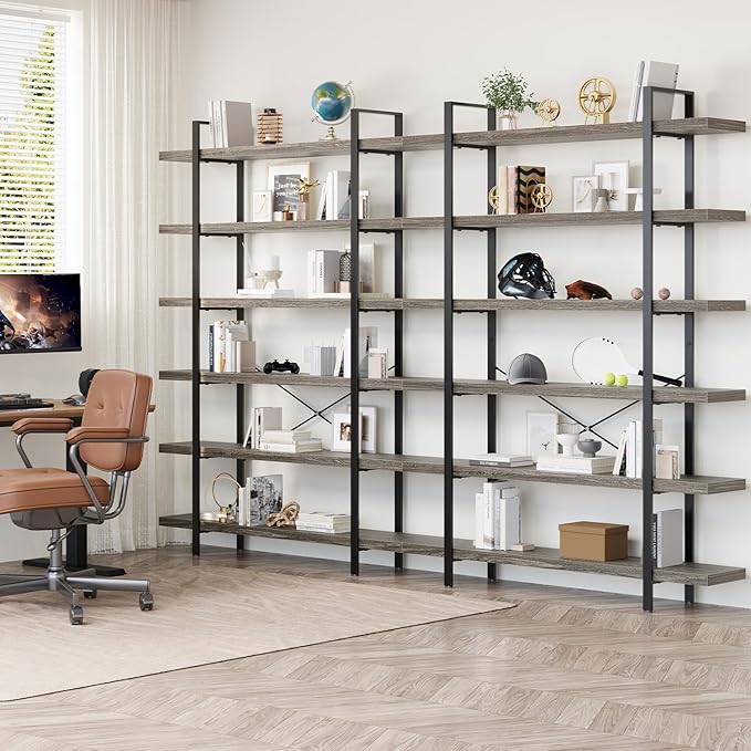 Bookcase, 47 Inch Wide Wood Bookshelf, 120lbs Shelf Capacity Estante, Rustic Open Shelving Industrial Display with Reinforced Horizontal Shelves for Living Room Bedroom Office (6 Tier - Grey)