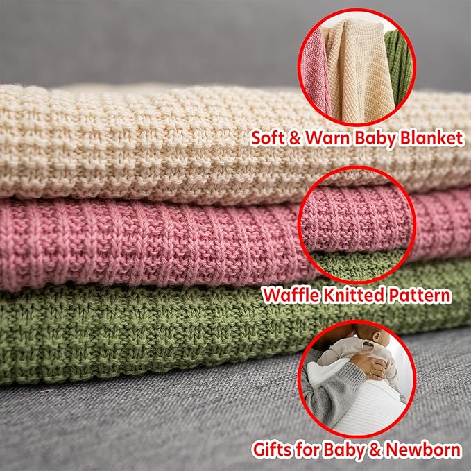 Baby Knit Blanket, 100% Cotton Waffle Patterns, Soft, Cozy, Lightweight Swaddle for Newborn & Infant Swaddling Beige Neutral, Perfect Baby Shower Ideas White 30x30
