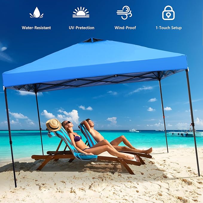 GDY 12x12 Pop Up Canopy Tent with 4 Sidewalls, Easy Set up with One Push Lift Outdoor Silver Coated Beach Gazebos, Carpas for Pool, Events, Parties, and Camping, Blue.