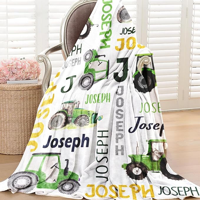Personalized Tractor Blanket with Name for Baby Boys, Custom Name Blanket Trucks for Kid, Soft Flannel Toddler Blankets Customized Gift for Newborn Baby Shower Birthday-60 x80