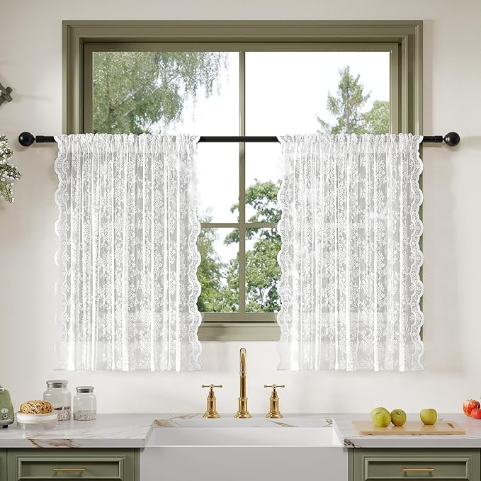Anmao Vintage Lace Kitchen Curtains 36 Inches Long 2 Panels, Romantic Semi Sheer Floral Over Sink Lacy Cafe Curtain, Elegant Window Short Small Drapes, 55W x 36L, Pure White