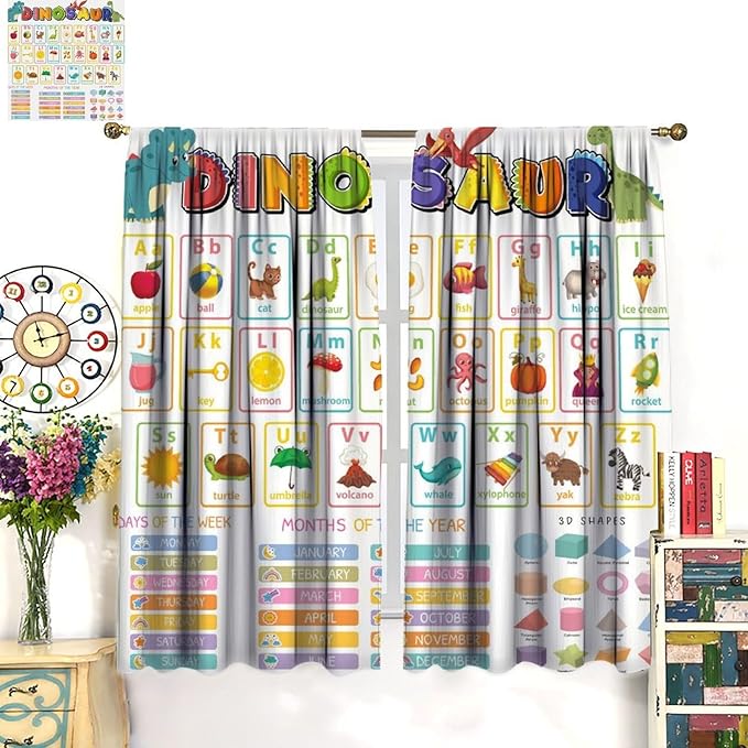 Funny Kids Alphabet Curtain, Cartoon Animal Alphabet Learning Dinosaur Boys Kids Students Baby Educational Colorful Blackout Window Treatments for Bedroom Living Room School 84" W X 84" L
