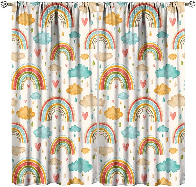 Boho Rainbow Curtains for Kids Nursery Colorful Floral Sun Star Clouds Pastel Bohemian Pattern Print Window Drapes for Girl Bedroom Living Room Kitchen Decor,2 Panel Set,42Wx45H Inch Decor