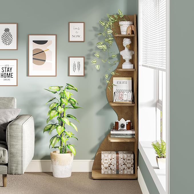 Tribesigns Corner Shelf, Modern 5-Tier Wall Corner Bookshelf, Stylish Corner Small Bookcase Storage Rack Plant Stand with Unique Shape for Living Room, Home Office (Light Brown, 1PC)