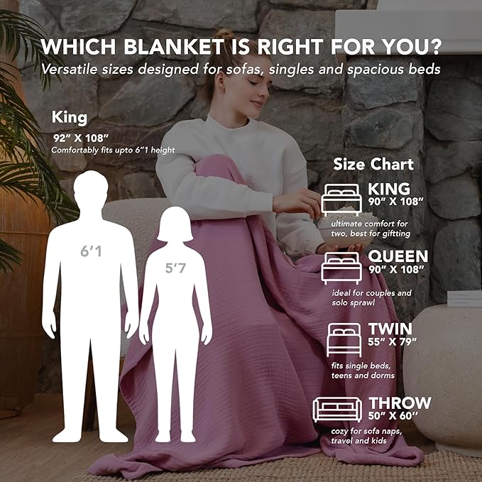 Goqan Muslin Blanket King Size 90x108 – 100% Cotton 4 Layer Boho Muslin Blanket for Adults, Lightweight, Soft, Breathable for Bed, Couch - Pink