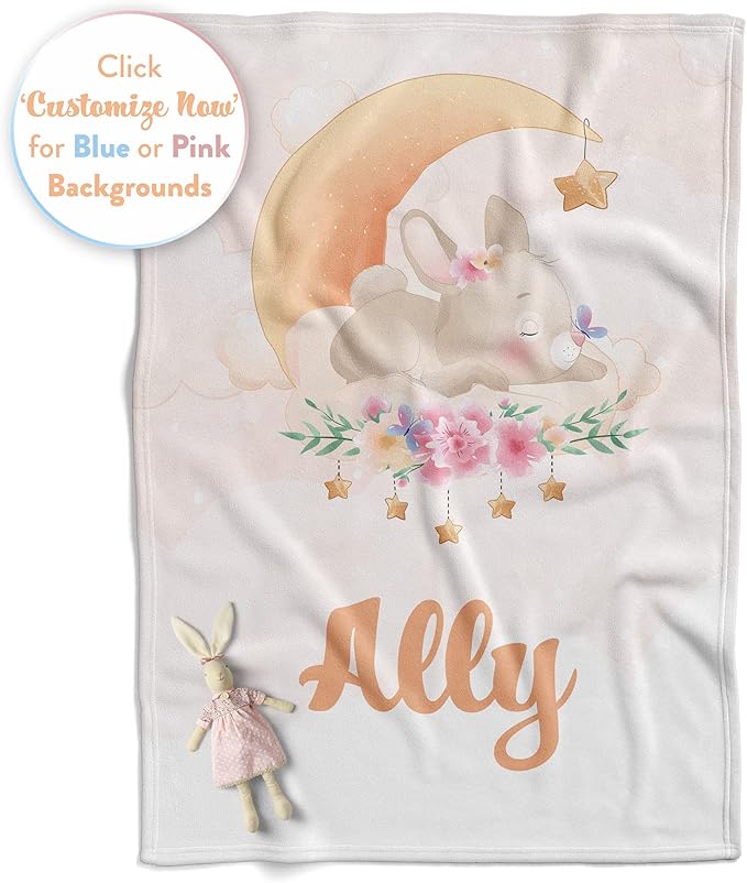 Personalized Baby Blankets with Name | Custom Bunny Blanket for Baby Girls and Baby Boys | Unisex Warm Soft Fleece Swaddle Blanket Minky | (Bunny, Fleece 30"x40")