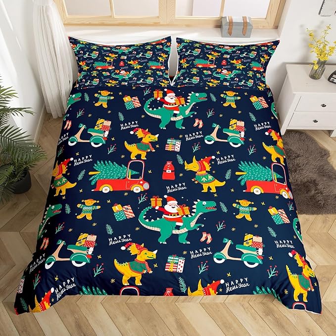 Christmas Bedding Set Cartoon Santa Claus Christmas Tree Comforter Cover for Kids Teens Cute Dino Race Cars Duvet Cover Breathable Gingerbread Man Bedspread Cover Room Decor Quilt Cover Twin Size