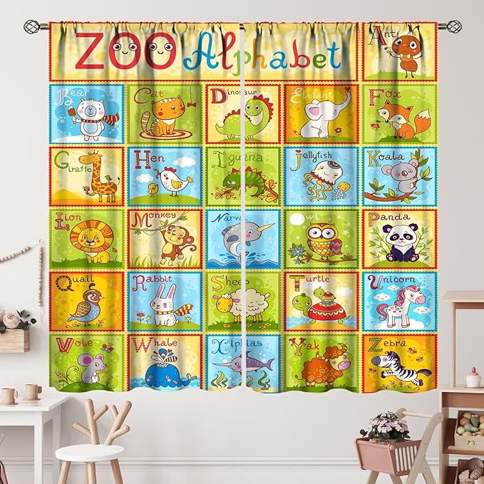 Alphabet Curtains Kids Educational Learning Tool Baby Cartoon Animals Colorful Curtain with Rod Pocket for Bedroom Living Room Decor Drapes Window Treatments 2 Panels Set 42" W X 54" L