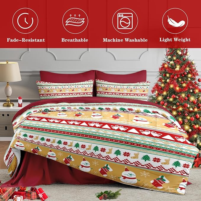 7 Pcs Queen Size Christmas Comforter Set with 2 Pillowcases & 2 Shams, Cute Snowman Bedding for Kids and Adults, Snowflake Xmas Socks Bed in a Bag with Flat Fitted Sheet