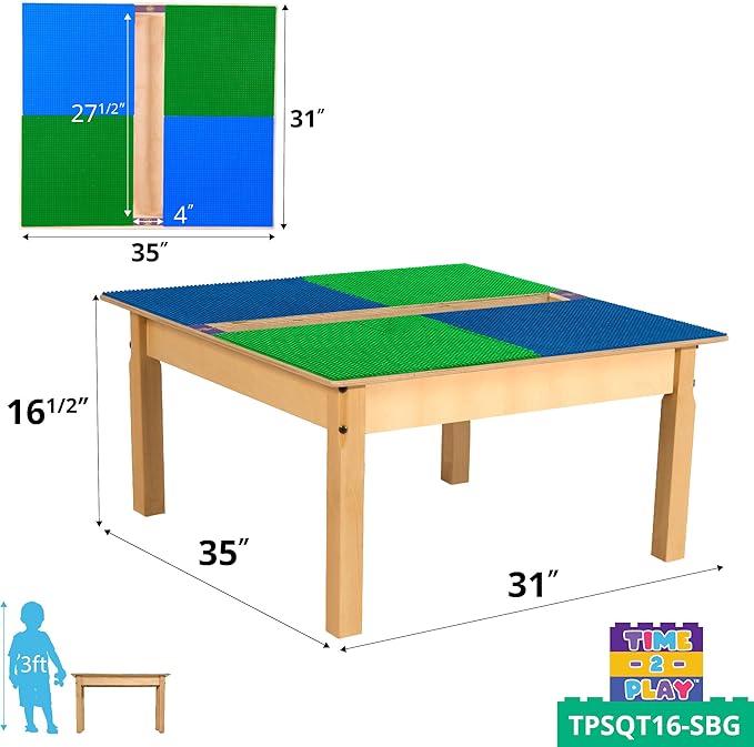 Time-2-Play Kids Wooden 35" W Square Compatible with Duplo Play Table with 16" Long Maple Legs, Montessori Building Blocks Desk with Trough for Toddlers Playroom [Blue and Green]
