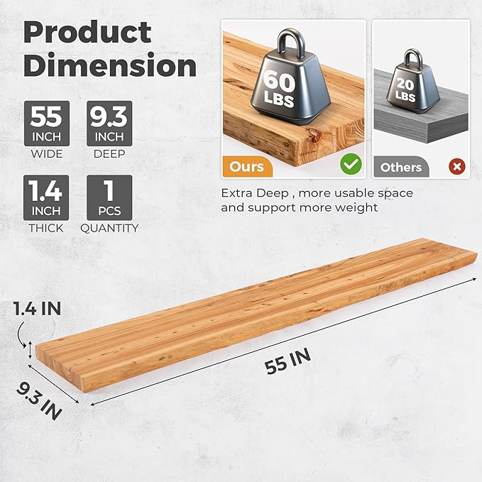 Live Edge Elm Floating Shelves For Wall - 55" W x 9.3" D Rustic Solid long Wood Shelves with Invisible Bracket, Wall-Mounted Storage & Display Shelf for Living Room Bedroom Kitchen, Set of 2, Natural