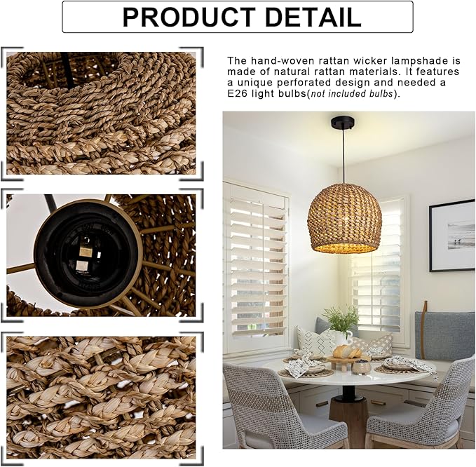13.8inch Rattan Pendant Lighting, Brown Hand-Woven Dome Pendant Light Adjustable Boho Hanging Lamp Wicker Chandelier for Dining Room Kitchen Island Foyer Restaurant Bedroom Hallway