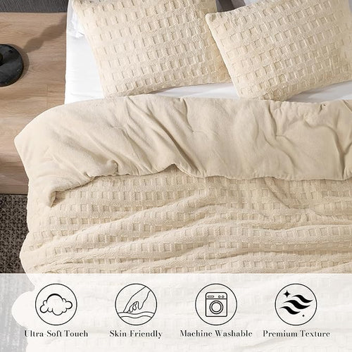 Amélie Home Waffle Comforter King Size Set, Khaki Fleece Beding Set, Fluffy Plush Bedding Set for Winter，Super Soft Warm,3 Pieces, 1 Cozy Comforter and 2 Pillowcases