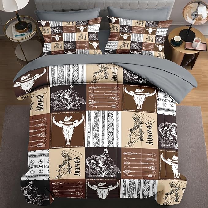 7 Pcs Full Size Comforter Set with 2 Pillowcases & 2 Shams, Cowboy Vintage Brown Bedding for Kids and Adults, Western Bed in a Bag with Flat Fitted Sheet