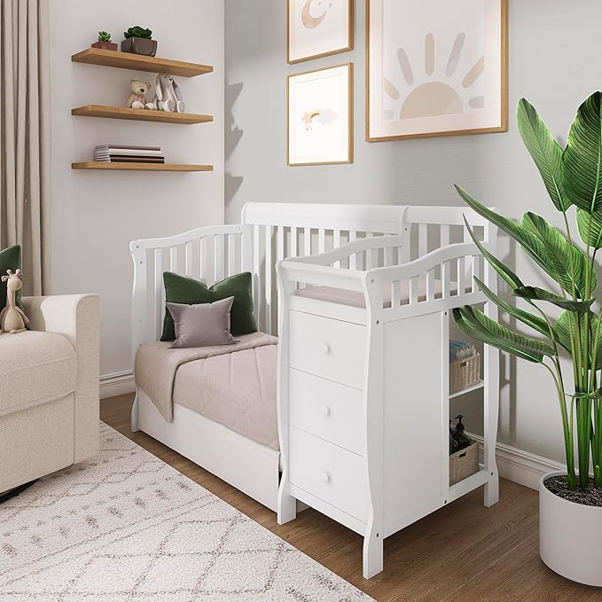 Dream On Me Jayden 4‑in‑1 Mini Convertible Baby Crib & Changer with Storage in Seagrass, Pinewood, GreenGuard Gold & JPMA, 1” Mattress Pad, 3 Mattress Heights, Converts to Mini Day & Twin-Size Bed