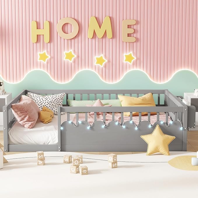 Full Size Floor Bed for Kids, Wood Montessori Floor Bed Full with High Rails & Storage Shelf, Baby Floor Beds with LED Light for Boys & Girls, Gray