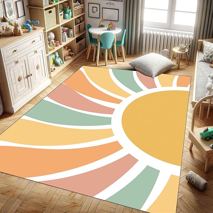 Machine Washable Rainbow Rugs Bedroom Fluffy Plush Soft Area Rugs Rainbow Sunshine Sun Print Living Room Non-Slip Indoor Flooring Kids Girls Boys Home Decor Aesthetics 3x5ft
