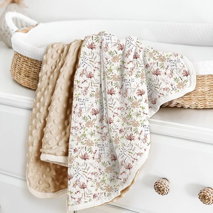 lulumoon Baby Blanket for Girls Floral: Soft Double Layer Minky Dot Backing - Warm Travel Stroller Blanket for Newborns 30"x40"(Floral)