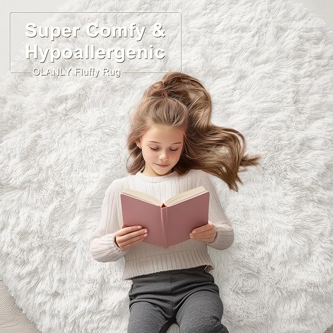 OLANLY Ivory Round Rugs for Bedroom - Machine Washable, 7 ft Circle Area Rugs for Living Room, Soft and Fluffy Shaggy Carpet for Teen Girls and Boys, Nursery Rooms, Dorms, Home Decor Aesthetic
