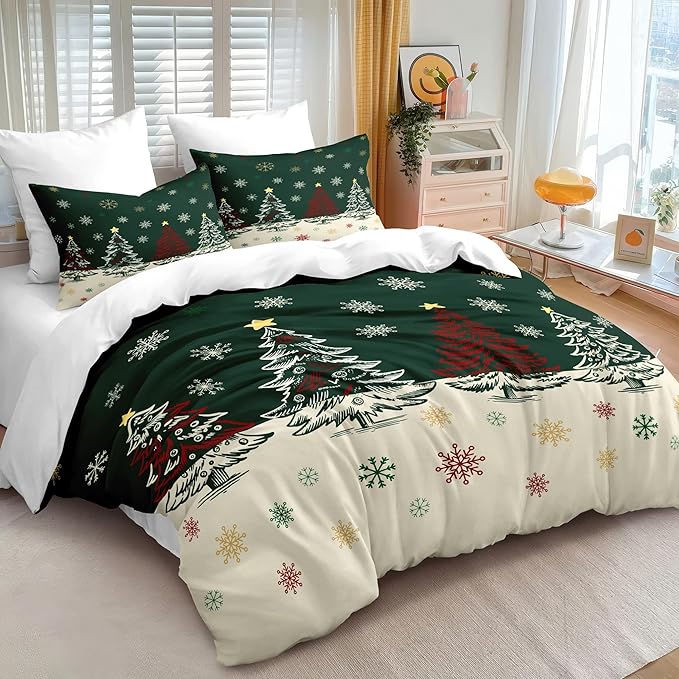 Christmas Duvet Cover King Size Green Christmas Tree Bedding Set 3 Pieces Kids Boys Girls Xmas Holiday Cartoon Snowflake Comforter Cover with Zipper Closure
