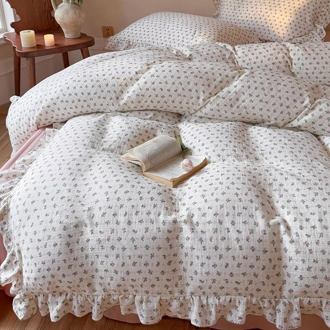 BuLuTu Chic Floral Muslin Duvet Cover Queen, Princess Ruffles Comforter Cover with Bellflower Print, Teens Bedding Queen Girls Quilt Covers 90"x90", Zipper Closure, No Pillow Cases