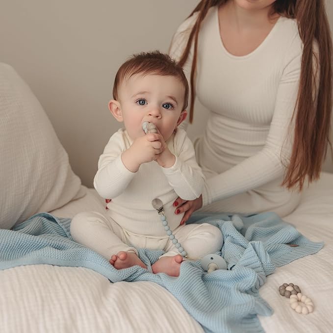 Organic Cotton Heritage Knit Receiving Blanket for Boys - 100% Luxury Soft Organic Cotton - Warm Cozy Swaddle Cuddle Blanket for Newborns Infants & Toddlers (0-2Yrs - Sky Blue)
