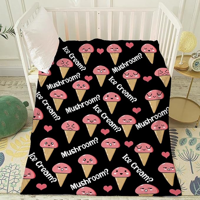 Thuswarm Mushroom Or Ice Cream Flannel Throw Blanket Warm Cozy Soft Funny Print Blankets for Bed Couch Sofa Room Decoration Gifts 120"×90" Extra Large for Family