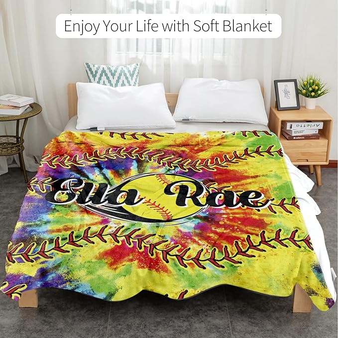Personalized Softball Kids Blanket with Name and Number - Custom Sport Bed Blankets Gift for 0-3 Months Baby Essential - Super Warm and Comfortable 60x80inch