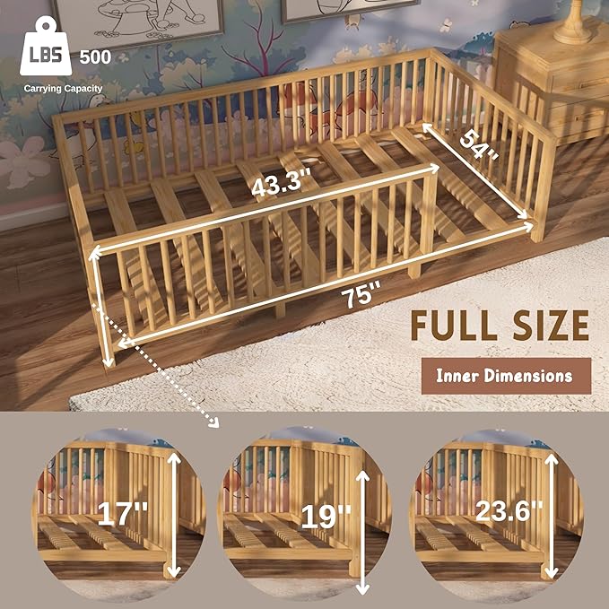 Montessori Floor Bed with Slats for Toddler 54.3'' x 75.2'' Full Size | Pine Wood Natural Solid Frame Bed | Sturdy Design Floor Bed Frame for Boy and Girls (Full, Height : 23.6 Inches)