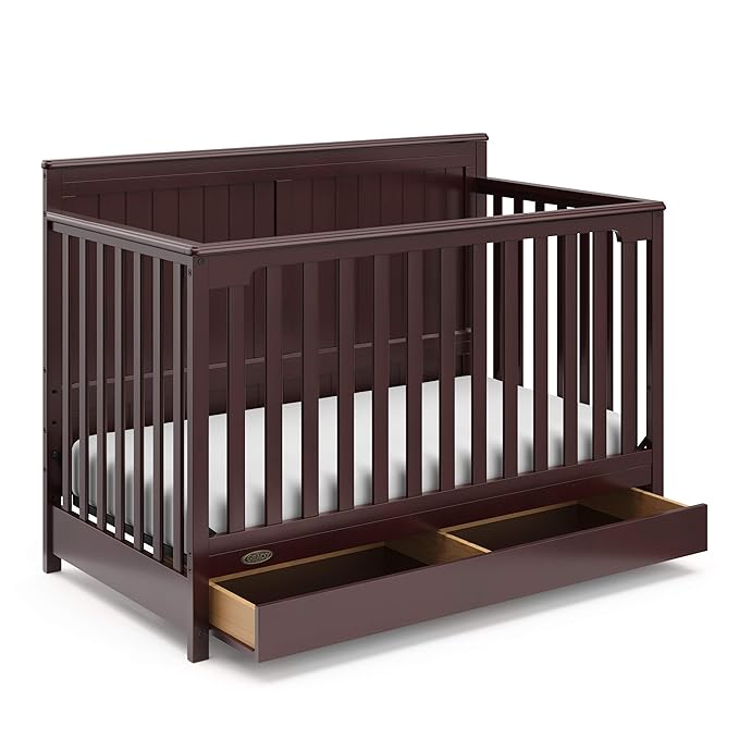 Graco Hadley 5-in-1 Convertible Crib with Drawer (Espresso) – GREENGUARD Gold Certified, Fits Standard Crib Mattress, Converts to Toddler Bed, Daybed and Full Bed, 4 Adjustable Mattress Heights