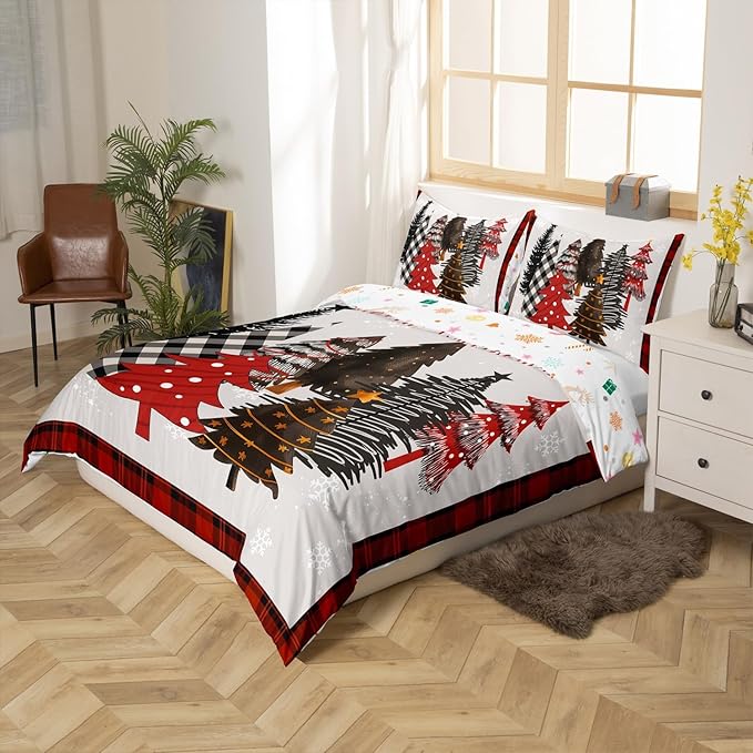 Merry Christmas Duvet Cover Set King Size,Xmas Tree Winter Snowflake Cabin Rustic Bedding Set,Boys Girls Room Decor,Geometric Grids Patch Comforter Cover,Grey Quilt Cover,2 Pillowcases,No Comforter