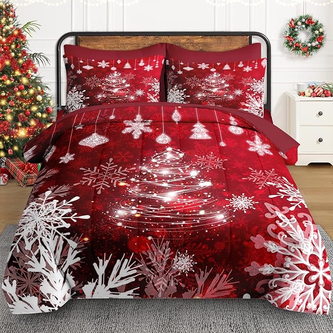 7 Pcs King Size Christmas Comforter Set with 2 Pillowcases & 2 Shams, Red Glitter Xmas Tree Bedding for Kids and Adults, White Elegant Snowflake Bed in a Bag with Flat Fitted Sheet