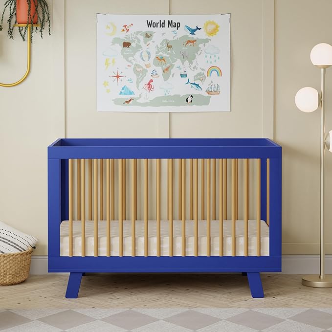 Babyletto Hudson 3-in-1 Baby Crib Convertible to Toddler Bed & Daybed - GREENGUARD Gold Certified - 4 Adjustable Heights - Made of 100% Solid Wood - Includes Toddler Conversion Kit - Cobalt & Honey