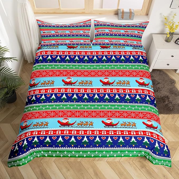 Feelyou Christmas Duvet Cover Cartoon Santa Claus Deer Bedding Set for Kids Boys Girls Teens Room Decor Christmas Tree Comforter Cover Set Exotic Ethnic Pattern Bedspread Cover 3Pcs Zipper Queen Size