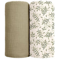 lulumoon Muslin Swaddle Blankets for Baby: Cotton & Soft Receiving Blanket for Newborn with Leaves Printed- Neutral Gift for Baby Shower 2pack(Olive Leaf)