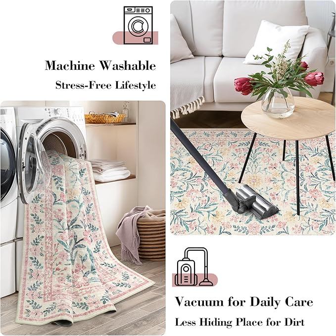 Wonnitar 8x10 Washbale Rugs for Living Room, Boho Pink Room Decor for Girls Bedroom, 8 x 10 Soft Non Slip Low Pile Indoor Floral Carpet for Kids Room Playroom Toddler Nursery
