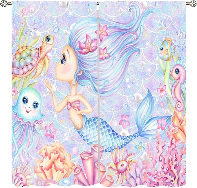 Mermaid Curtains for Girls Children Pink Sea Animal Mermaid Coral Bedroom Curtains for Living Room Room 55x63 Inch