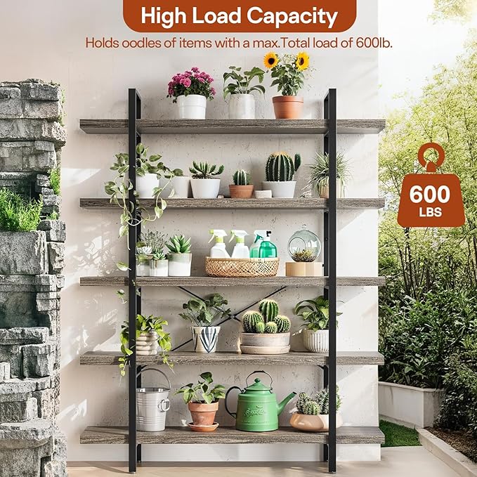 Bookcase, 47 Inch Wide Wood Bookshelf, 120lbs Shelf Capacity, Rustic Open Shelving Industrial Display with Reinforced Horizontal Shelves for Living Room Bedroom Office (5 Tier - Grey) 2 Set