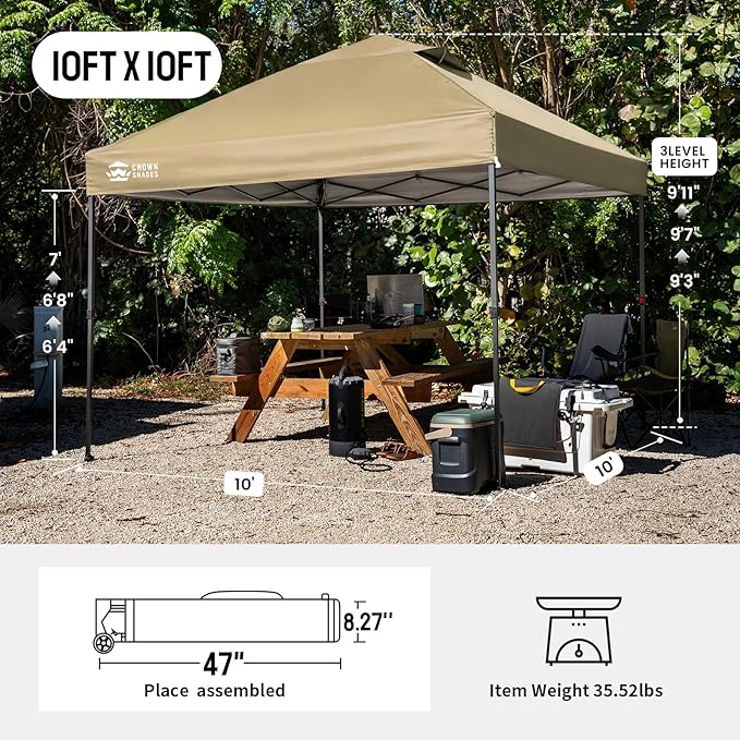 CROWN SHADES 10x10 Pop Up Canopy Tent - Patented Center Lock One Push Instant Outdoor Canopy Beach Tent with STO-N-Go Bag 8 Stakes & 4 Sand Bags，Khaki