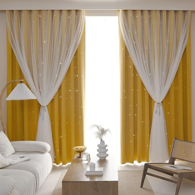 Kinryb Kids Blackout Curtains for Bedroom/Living Room/Classroom, Sheer Overlay 72 Inches 2 Panel Set, Double Layer Curtains with Star Cutout for Kids Room(W 52 x L 72 Inches,Yellow 2 Pcs)