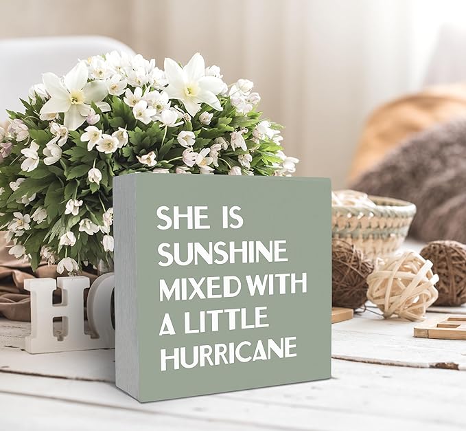 SRADMO She Is Sunshine Mixed with a Little Hurricane Boho Purple Wood Box Sign Desk Decor, Baby Girls Inspirational Wooden Box Decor for Girls Room Nursery Shelf Table Decorative Accessories (Green)