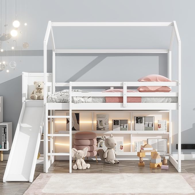 Playful Twin Size Wood House Loft Bed with Slide and Climbing Ramp, Multiple-Function Low Loft Bed Frame with Storage Shelves and Light for Kids Teens Boys Girls Bedroom (White-C)